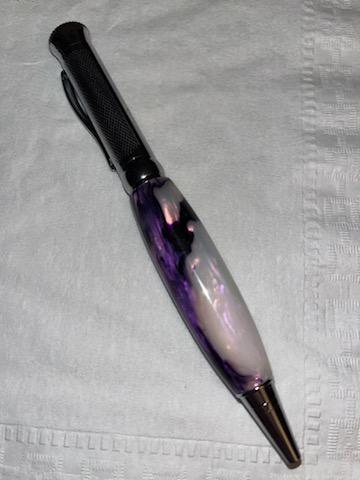 here we have a PKM-4 Gunmetal Finish Ballpoint Twist Pen Kit with a C/A finish on purple/silver and white pearl acrylic.
