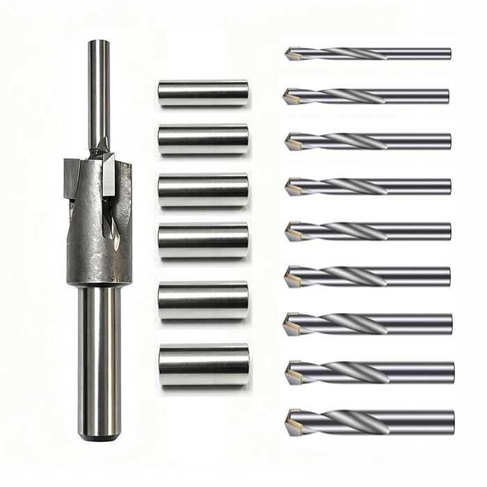 Tungsten Carbide Superhard Alloy  Barrel Trimming Kit with 6 Bushing Sleeves  & 9 Tungsten carbide superhard alloy twist drill bits